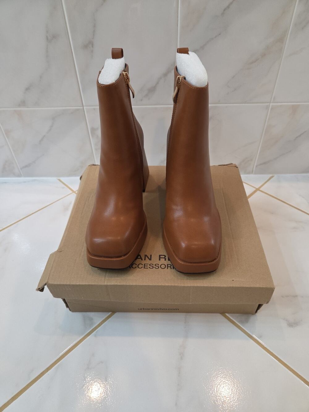 Urban Revivo Brown Faux Leather Platform Ankle Boots Square Toe Block Heel...
